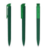A green plastic pen with a transparent clip, featuring a sleek design. It has a logo on the side.