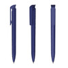 A set of three high gloss navy plastic pens featuring a clip and textured grip. Each pen has a logo.