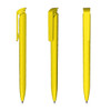 A bright yellow plastic pen with a sleek design and a clip, displayed from three angles.