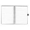 A spiral-bound notebook with a black cover and blank lined pages inside. It features a bookmark and has no printed text.
