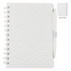 A white notebook with a textured cover, spiral binding, and a pen attached. It includes an image of the back side.