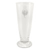 A clear, tall beer glass with a smooth finish and a decorative logo.