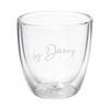A double wall glass featuring a clear design with a subtle branding logo. Holds 340ml of liquid.