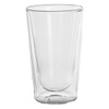 A double wall glass tumbler in clear glass, featuring a sleek and modern design, with a visible logo.