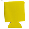 A drink bottle stubby cooler in bright yellow, featuring a logo, designed to fit standard drink bottles.