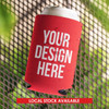 A drink bottle is nestled in a vibrant red foam stubby cooler with a logo. The cooler is designed to keep drinks cold.