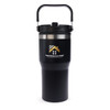 A drink bottle featuring a black exterior and stainless steel accents, with a handle and a logo.