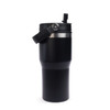 A drink tumbler in matte black with a silver accent and a black lid featuring a handle. It has a logo on the side.