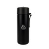 A drink bottle in matte black with a carry strap and a logo. Suitable for holding 600ml of liquid.