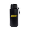 A drink bottle in matte black with a logo on the front, featuring a secure cap and carry loop.