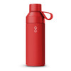 A drink bottle in a vibrant red colour with a sleek design and a handle. It features a logo on the front.