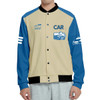 A unisex polyester varsity jacket in beige and blue, featuring illustrations and a logo on the front and sleeves.