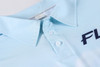 A light blue polyester spandex polo shirt featuring a collar and buttoned placket, with a logo on the front.