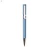 A plastic pen in a light blue colour with a sleek design and chrome accents, featuring a logo.
