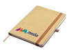 An A5 notebook with a kraft cover, elastic band, and a logo on the front. It has a ribbon marker.