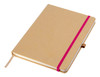 A beige A5 notebook with a magenta elastic band and a ribbon marker, featuring a simple design.