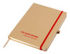 A kraft A5 notebook with a red elastic band and bookmark, featuring a logo on the cover.