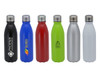 A drink bottle assortment including black, blue, red, green, silver, and white options, each with a logo.
