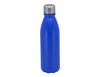 A drink bottle made of aluminium, featuring a blue matte finish and a silver screw-top lid. It has a logo on it.
