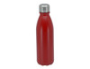 A drink bottle in vibrant red with a silver metal lid and a sleek, contoured design, featuring a logo.