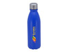 A drink bottle in blue aluminium with a silver cap, featuring a logo on the front.