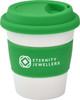 A reusable coffee cup featuring a green silicone lid and sleeve with a white body. The cup has a logo.