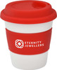 A reusable ceramic coffee mug with a red silicone lid and grip, featuring a logo on the front.