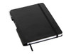 A black A5 notebook with an elastic band closure, featuring a pen holder and ribbon bookmark.