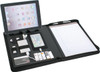A black zip portfolio featuring compartments for an iPad, phone, power bank, and notepad.