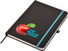 A black A5 notepad with an elastic band and a graphic of a red apple. It features a logo on the cover.