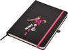 A black A5 notepad features a pink elastic closure and an illustration of a player kicking a soccer ball.