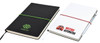 A black notepad with a green logo and a white notepad with a red elastic band and a pen, featuring a logo.