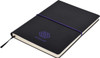 A black A5 notepad with a purple elastic band and logo on the cover, featuring plain pages.