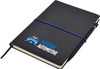 A black A5 notepad with an elastic band and pen, featuring a logo on the cover.