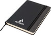 A black A5 notebook with a dark grey trim and a zippered pocket. Features a logo on the cover.