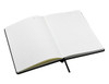 An open black A5 notebook featuring lined pages and a ribbon marker.