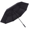 A black vented tipless golf umbrella with a sturdy handle and multiple canopy ribs for durability.