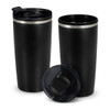 A double wall travel mug in black with a silver band and a clear lid. Includes a logo on the side.