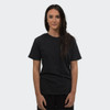 A black unisex T-shirt displayed on a model, featuring a simple design and a relaxed fit.