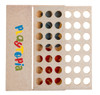 A beige board game with circular holes and colourful discs, featuring a branded logo on the front.
