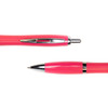A pink metal pen with a silver clip and tip, showcasing its sleek design from different angles.