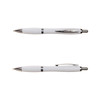 A white plastic pen with silver accents and a clip, featuring a sleek design. It has a logo on the barrel.
