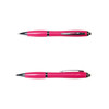 A pink plastic pen with silver accents and a clip. The pen features a smooth glossy finish.