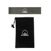 A grey latex fitness resistance band and a black drawstring bag featuring a logo.