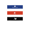 Three latex fitness resistance bands in blue, red, and black, each featuring a logo and text related to fitness.