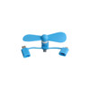 A blue 3 in 1 smart phone fan with two connectors for different devices. It features a simplistic design and a small size.