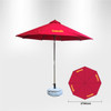 A red commercial market umbrella with a tan pole and a white base, featuring an attached branding logo.