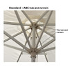 A close-up view of the hub and runners of a market umbrella, featuring a white framework and a cream canopy.