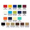 A colour chart featuring various shades including Red, Yellow, Royal Blue, Green, Brown, and more.