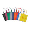 A range of non-woven long handle bags in various colours, featuring a logo on one bag.